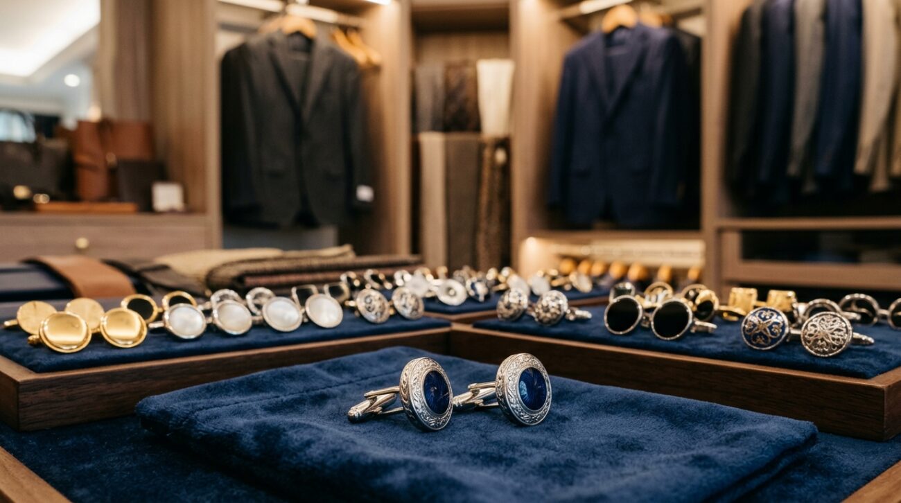Men's cufflinks displayed prominently in a luxurious setting, showcasing a variety of classic styles, including silver, gold, and enamel options. In the foreground, highlight an elegant pair of cufflinks with intricate detailing and a polished finish, resting on a soft velvet cloth. In the middle ground, include additional pairs of cufflinks arranged neatly, emphasizing their craftsmanship and design. The background features a blurred, sophisticated atmosphere of a gentleman's closet with tailored suits hanging, suggesting an upscale shopping experience. Use soft, ambient lighting to create a warm and inviting atmosphere, capturing the essence of style and refinement. The image should evoke a feeling of elegance and professionalism, representing the brand "Cufflinks Gift Hub." The angle should focus closely on the cufflinks to accentuate their beauty and detail.