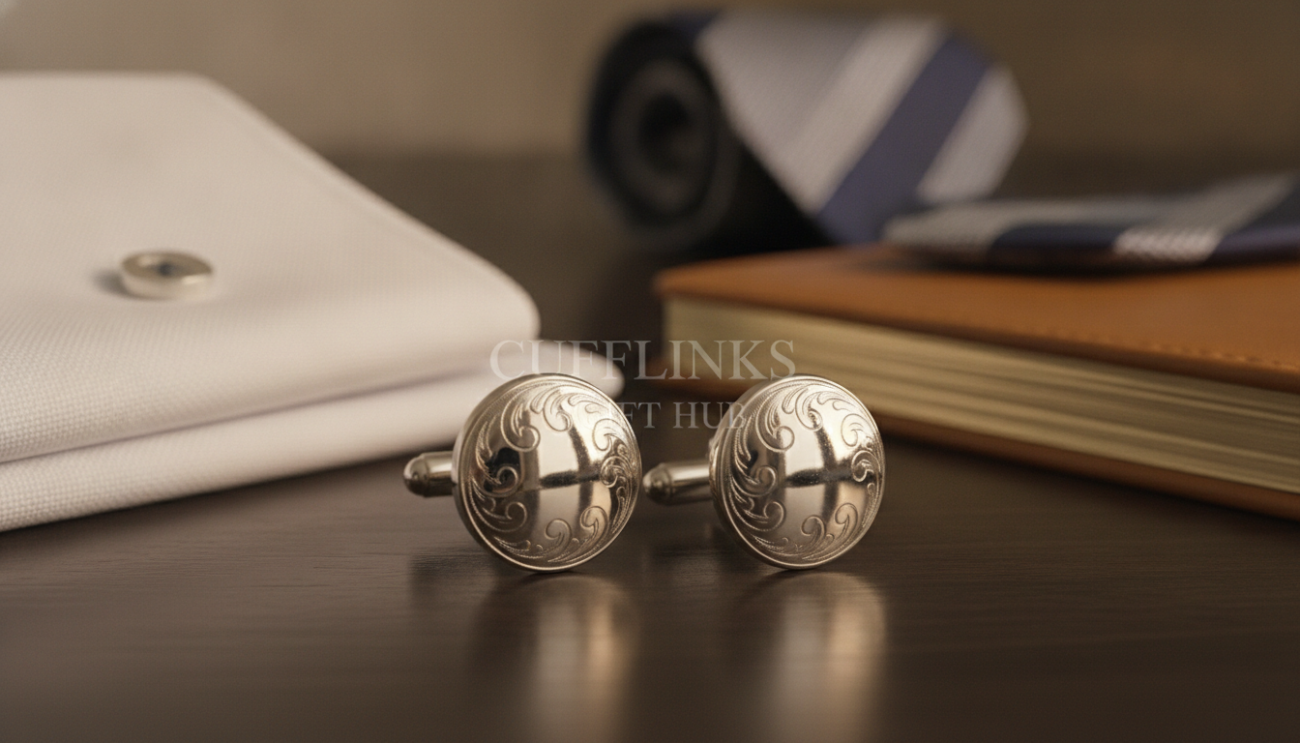 Men's silver cufflinks displayed elegantly on a polished wooden surface. The cufflinks are in a classic, rounded design with intricate engraving, reflecting light beautifully. In the foreground, highlight their smooth surface and shimmering details to capture their refined craftsmanship. In the middle ground, softly blurred elements of a sophisticated cuff shirt can be seen, suggesting a formal setting. The background features a subtle, softly-lit, modern workspace with a hint of luxury—perhaps a leather-bound notebook or an elegant tie. The scene is illuminated by warm, diffused lighting to evoke a sense of timeless elegance. Capture this image in a slightly elevated angle to emphasize the cufflinks as a central focal point. Include the brand name "Cufflinks Gift Hub" artistically integrated into the composition while ensuring no visible text remains in the final image.