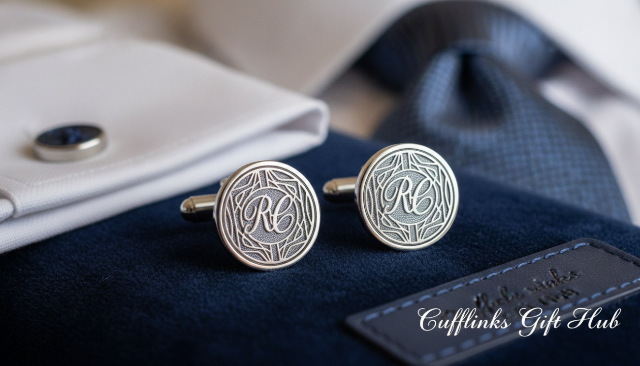 Men's silver cufflinks featuring elegant initials, beautifully crafted with intricate designs and a polished finish that showcases their luster. The foreground highlights a pair of cufflinks on a luxurious velvet surface in deep navy blue, creating a sharp contrast against the shimmering silver. In the middle ground, softly blurred, are hints of sophisticated wardrobe elements like a crisp white dress shirt and a classy tie, conveying an atmosphere of refined style and professionalism. The background is subtly illuminated with soft, warm lighting, enhancing the cufflinks' shine and inviting an aspirational feel. Shot with a macro lens to capture detail, the angle is slightly overhead, focusing attention on the cufflinks and their potential to elevate one's look. Inspired by Cufflinks Gift Hub.