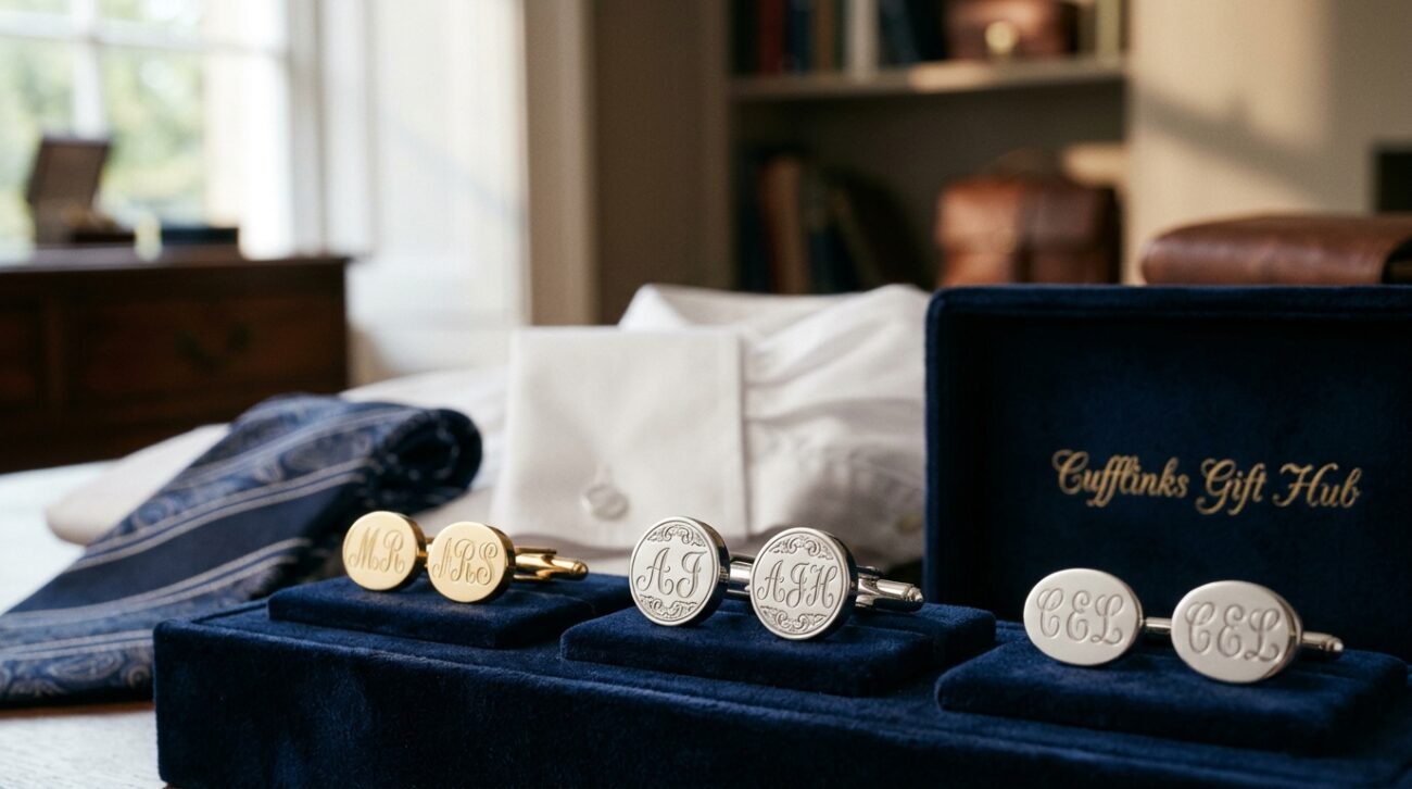 Personalized cufflinks displayed prominently in the foreground, showcasing elegant designs featuring initials intricately engraved into polished silver and gold. Each pair exudes sophistication and individuality, beautifully arranged on a plush velvet presentation box. In the middle ground, a lightly blurred view reveals a stylish tie and a classic dress shirt, enhancing the cufflinks' appeal as a perfect gift. The background features soft, ambient lighting that casts gentle shadows, providing an inviting and warm atmosphere. The image captures a sense of luxury and personalization, ideal for illustrating the concept of cufflink letters as thoughtful gifts. The brand name "Cufflinks Gift Hub" is subtly associated with the luxurious feel of the presentation. Use a shallow depth of field and natural light to create a refined, professional look.