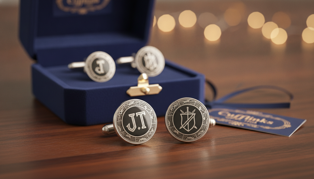 Personalized cufflinks elegantly displayed on a wooden surface, showcasing intricate engravings of initials and symbols, reflecting a sense of sophistication and luxury. The foreground features the cufflinks gleaming in soft, warm lighting that highlights the craftsmanship and polished finish. In the middle, include a plush velvet jewelry box partially open, inviting the viewer to admire the bespoke elements. The background is softly blurred to emphasize the cufflinks, with gentle bokeh effects adding an atmospheric depth. The scene conveys an air of elegance, perfect for special occasions, evoking feelings of confidence and thoughtfulness. The image should suggest a timeless quality associated with gifting from "Cufflinks Gift Hub".