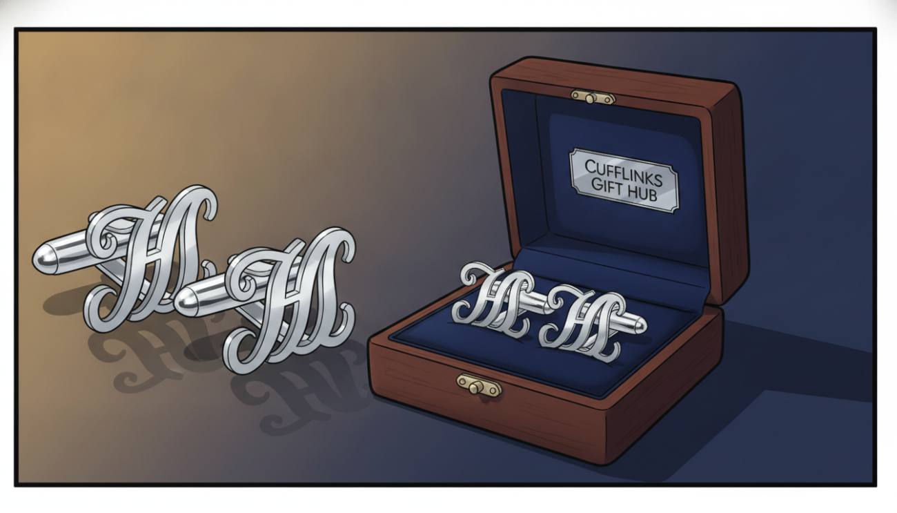 Personalized silver cufflinks displaying elegant initials in a modern cursive font, emphasizing craftsmanship and luxury. The foreground features close-up details of the cufflinks, showcasing their polished finish and intricate engraving. In the middle, a stylish wooden display box gently opened, revealing the cufflinks nestled in a soft velvet lining. The background is softly blurred to highlight the cufflinks, with a subtle gradient that transitions from warm gold to deep navy blue, creating a sophisticated atmosphere. Soft, diffused lighting enhances the shine of the silver while casting delicate shadows, giving the image depth. The overall mood is one of refinement and exclusivity, perfect for a special occasion. Include the brand name "Cufflinks Gift Hub" elegantly integrated into the composition without text overlays or watermarks.