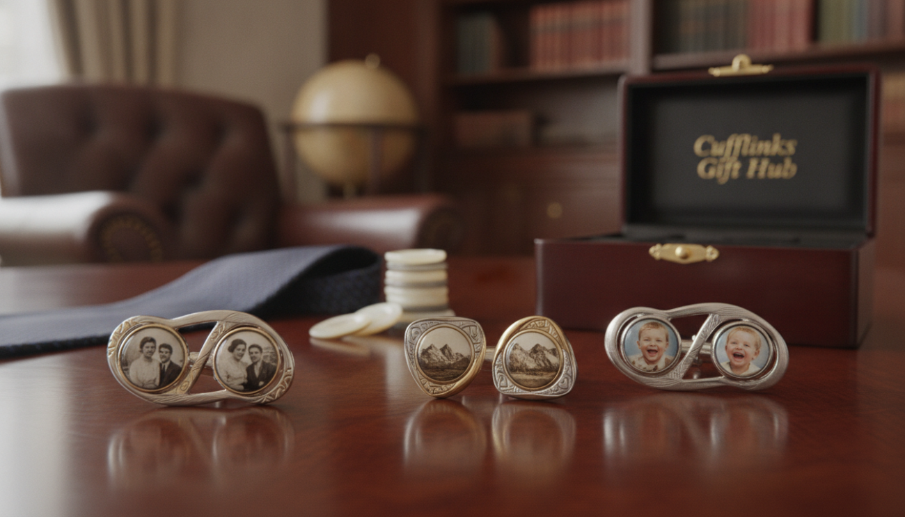Photo cufflinks displayed elegantly on a polished wooden surface, focusing on unique and artistic designs that blend tradition with modern aesthetics. The cufflinks feature intricate engraving and embedded miniature photographs, showcasing personal memories. In the foreground, a soft, diffused light highlights the reflective metallic surfaces, creating a warm glow. The middle layer includes a subtle arrangement of buttons, ties, and a stylish cufflink box, emphasizing an upscale atmosphere. In the background, a blurred interior of a sophisticated office or a luxury living space adds depth, allowing the cufflinks to stand out. The mood is one of timeless elegance and confidence, making the image suitable for "Cufflinks Gift Hub". The scene is captured with a shallow depth of field, using a DSLR lens to focus on the cufflinks while softly blurring surrounding elements.