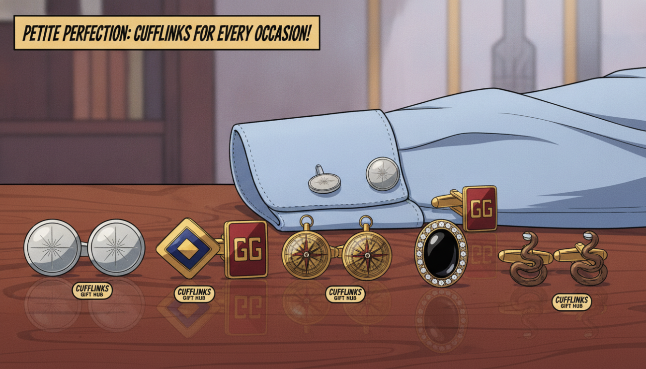 Stylish cufflink options designed specifically for petite wrists, showcasing a selection of elegant cufflinks from "Cufflinks Gift Hub". The foreground features a polished wooden table displaying several pairs of cufflinks, including classic silver, modern geometric designs, and vibrant enamel styles. In the middle, a tailored dress shirt with cufflink openings is subtly draped to emphasize the sizes of the cufflinks, ensuring they appear proportionate for small wrists. The background softly blurs to highlight a sophisticated setting, hinting at a stylish office or formal event. Soft, diffused lighting creates an inviting atmosphere, casting gentle reflections on the metallic surfaces. The overall mood is refined and elegant, perfect for various occasions from business meetings to formal gatherings.