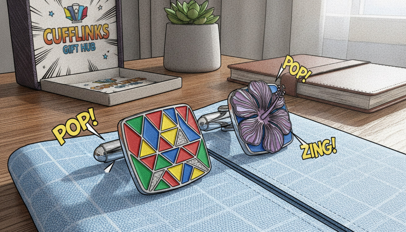 Stylish cufflinks designed for casual wear, featuring a mix of vibrant colors and playful patterns. The foreground showcases a close-up of the cufflinks, displaying intricate details like enamel finishes and unique shapes such as geometric and floral designs. In the middle, a neatly folded shirt cuff hints at a relaxed yet polished style, complementing the cufflinks. The background is softly blurred, suggesting a stylish dressing table with subtle lighting that creates a warm, inviting atmosphere. Use natural light to enhance the colors and textures, shot with a macro lens from a slightly elevated angle to emphasize the cufflinks’ design. The mood should feel modern and approachable, embodying the essence of "Cufflinks Gift Hub."