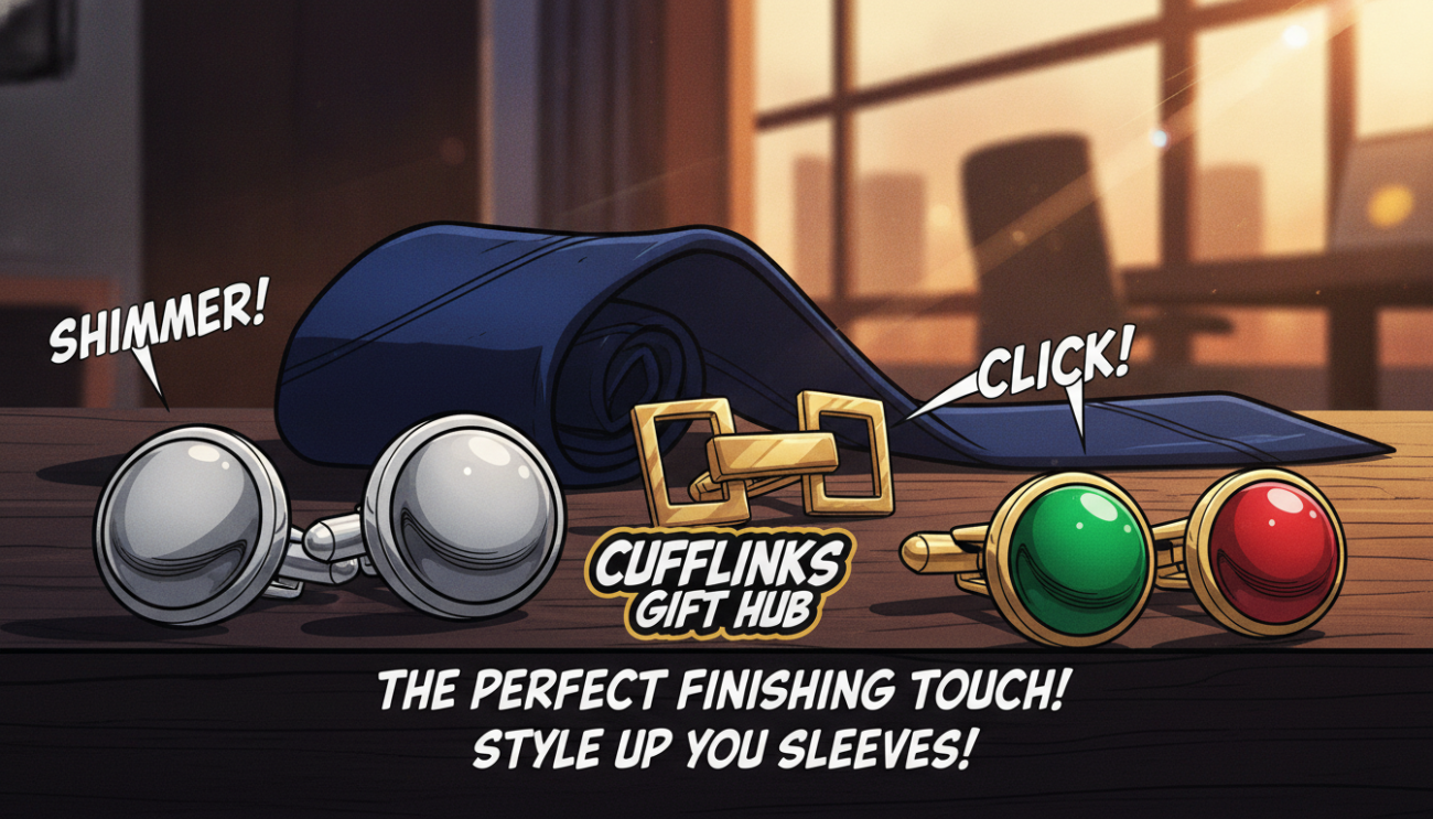 Stylish cufflinks from "Cufflinks Gift Hub" displayed prominently in the foreground, showcasing a variety of designs including classic silver, modern geometric patterns, and vibrant enamel accents. Each pair is artfully arranged on a sleek, dark wood surface that contrasts with their luxurious finishes. In the middle ground, a tastefully folded silk tie in a deep navy hue adds sophistication, enhancing the overall look. The background features a softly blurred office setting with warm, ambient lighting that creates a refined atmosphere, highlighting the cufflinks as a perfect accessory for formal or business attire. The composition is shot with a shallow depth of field, emphasizing the intricate details of the cufflinks, while capturing a sense of polished elegance and style conducive to making the right choice for any outfit.