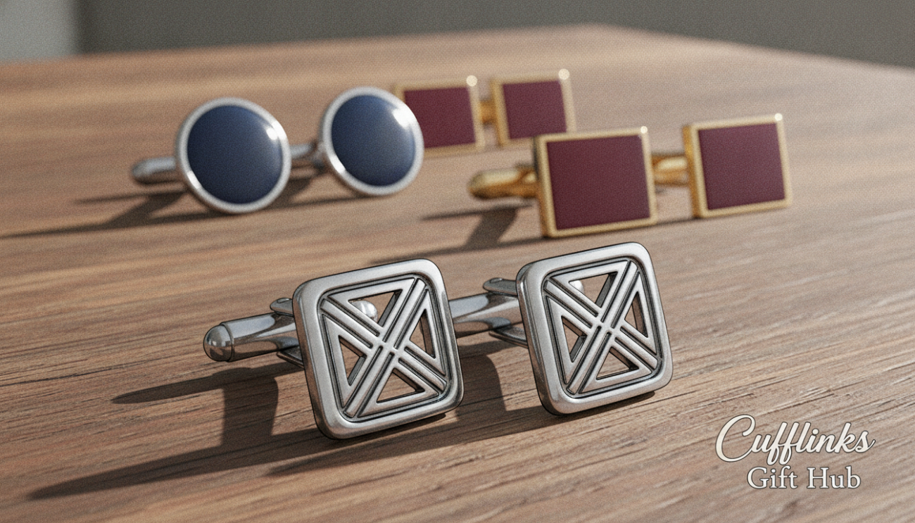 Stylish groomsmen cufflinks displayed elegantly on a wooden table, highlighting a variety of designs in polished metal and colored enamel. The foreground features a pair of classic silver cufflinks with an intricate geometric pattern, while a selection of cufflinks in navy blue and burgundy tones is arranged neatly in the background, showcasing their vibrant colors. Soft natural light filters in from the left, casting gentle shadows that enhance the textures of the cufflinks. The composition is captured using a shallow depth of field, focusing on the cufflinks while softly blurring the surroundings. The overall mood is sophisticated and chic, reflecting a modern wedding aesthetic. Logo discreetly placed: “Cufflinks Gift Hub”, enhancing brand recognition without overpowering the image.