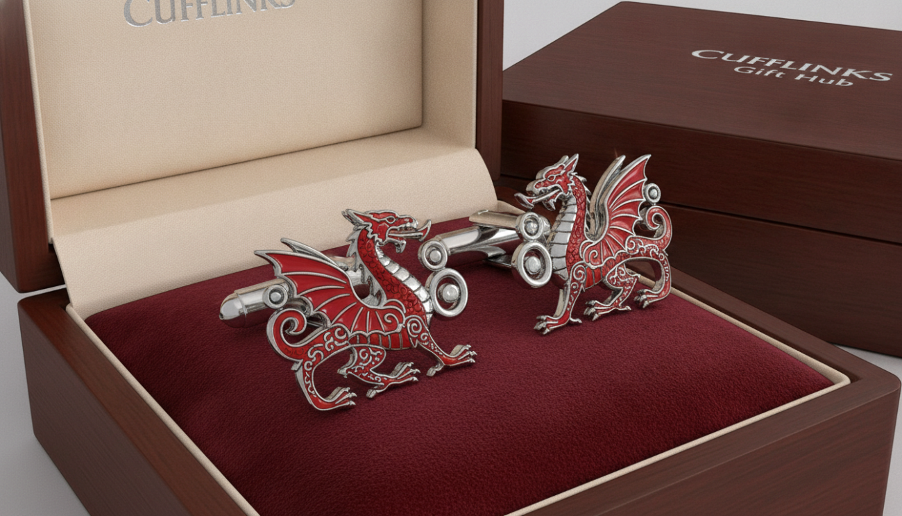 Welsh dragon cufflinks, intricately designed with ornate details, polished silver and vibrant red enamel, resting elegantly on a dark velvet background. The foreground showcases the cufflinks from a close-up angle, emphasizing their craftsmanship and unique features, with glimmers of light highlighting the shiny metal surface. In the middle ground, a sophisticated wooden box with a soft interior can be seen, enhancing the luxurious presentation. The atmosphere is warm and inviting, suggesting a perfect gift for a special occasion. Soft, diffused lighting creates gentle shadows, adding depth and richness to the image. Brand logo "Cufflinks Gift Hub" subtly embossed on the box, complementing the cufflinks. The overall feel is elegant and refined, appealing to discerning gift buyers.