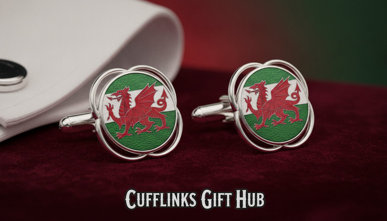 Welsh emblem cufflinks featuring the iconic red Welsh dragon, intricately designed in a polished silver finish with vibrant enamel details. The foreground showcases a pair of these cufflinks elegantly placed on a dark velvet background, enhancing their luxurious appeal. In the middle ground, a pair of formal business shirts are slightly visible, emphasizing the cufflinks’ use in a professional context. The background remains soft and blurred with a gradient of deep red and green, reflecting the colors of the Welsh flag, creating a warm and inviting atmosphere. The lighting is soft, highlighting the shiny surfaces of the cufflinks and casting gentle reflections. This image represents craftsmanship and elegance, showcasing the brand "Cufflinks Gift Hub".
