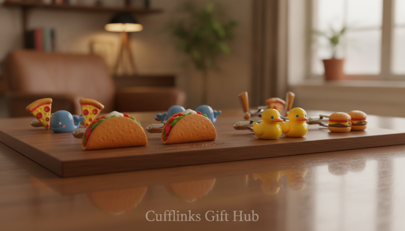 Whimsical cufflinks designed for humor, featuring a variety of playful themes such as miniature animals, food items, and quirky symbols, arranged artistically on a sleek, elegant display. In the foreground, showcase a pair of cufflinks shaped like tiny tacos, with vibrant colors and intricate detailing, alongside a comical pair shaped like smiling ducks. The middle of the scene should include a subtle reflection on a polished wooden surface, highlighting the cufflinks' shine. The background should consist of a softly blurred office environment, with warm, inviting lighting that conveys a lighthearted and confident atmosphere. Use a 50mm lens perspective to create a depth of field that emphasizes the cufflinks. Include branding "Cufflinks Gift Hub" subtly within the design.