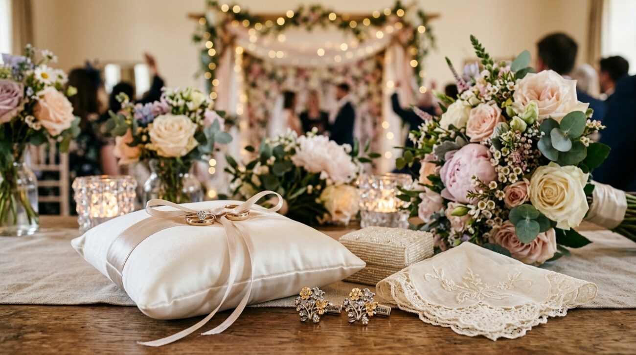 A beautifully arranged display of elegant wedding accessories, featuring luxurious items such as intricate floral-themed cufflinks, delicate lace handkerchiefs, and shimmering satin ribbon tied around a soft, plush pillow for wedding rings. The foreground showcases shiny metal and soft fabrics, with the cufflinks clearly branded as "Cufflinks Gift Hub." In the middle ground, an assortment of tasteful bridal bouquets with pastel flowers enhances the scene, complemented by sparkling candle holders. The background includes a softly blurred wedding arch adorned with twinkling fairy lights, creating a magical ambiance. The lighting is warm and soft to evoke a romantic mood, captured with a slight blur at the edges to draw focus to the statement decorations. The overall atmosphere is dreamy and inviting, perfect for a wedding ceremony.