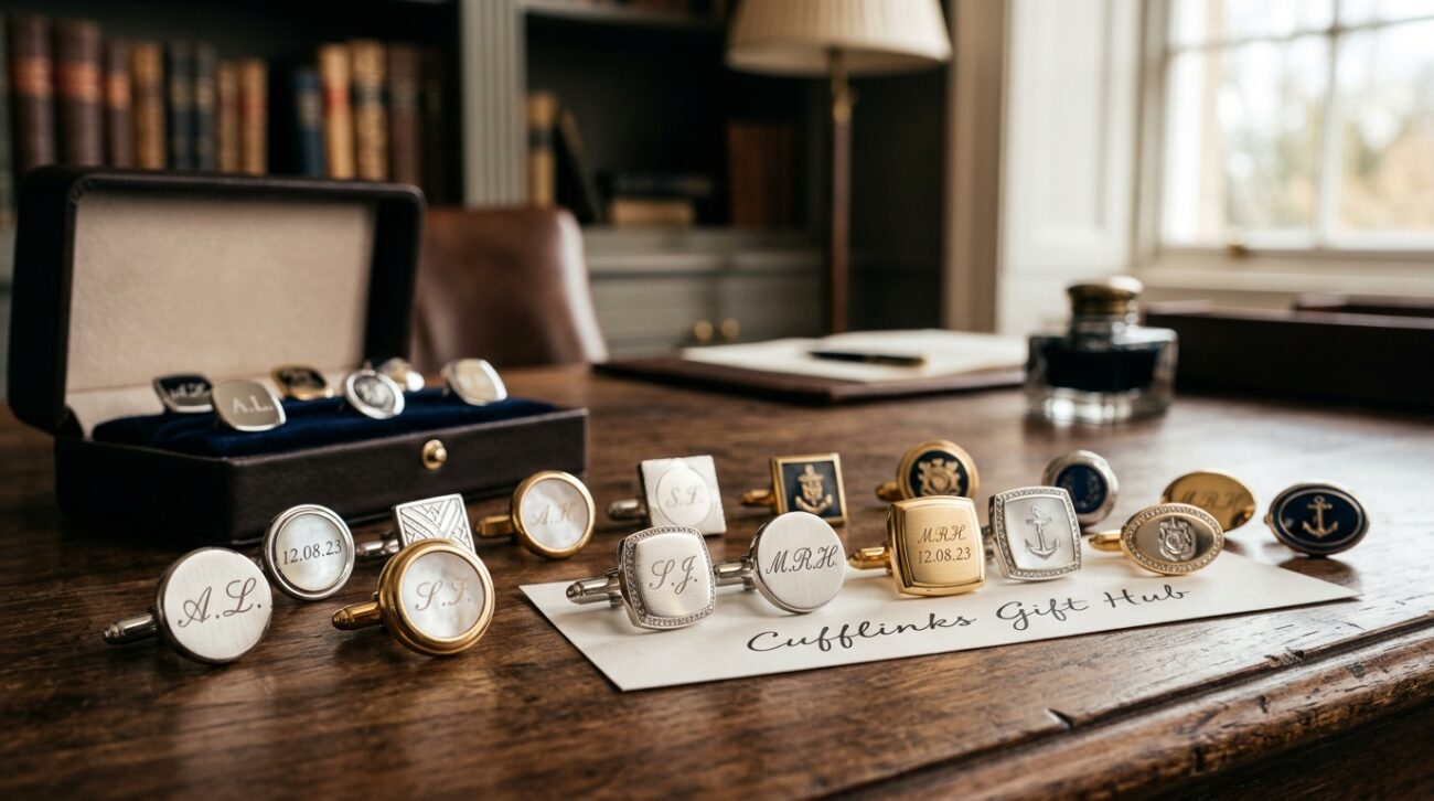 A beautifully arranged display of personalised cufflinks by Cufflinks Gift Hub, set against an elegant wooden surface. The foreground features an assortment of cufflinks engraved with initials and unique designs, highlighting intricate details like patterns and polished finishes. In the middle, a soft-focus shot of a tasteful cufflink box, partially open, reveals more personalised options, hinting at luxury. The background consists of a blurred, stylish office environment with muted tones, suggesting sophistication. Warm, soft lighting casts gentle shadows, enhancing the richness of the materials. The overall mood is refined and inviting, ideal for readers seeking to elevate their cufflink choices for any occasion.
