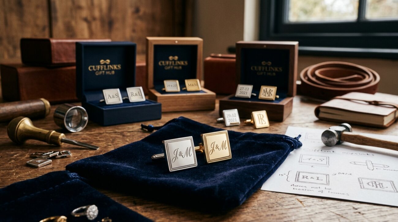 A beautifully arranged display of personalized cufflinks from "Cufflinks Gift Hub," showcasing a variety of unique designs including initials engraved on polished silver and gold finishes. In the foreground, focus on a pair of cufflinks with intricate detailing resting elegantly on a velvet fabric, capturing reflections of light to enhance their shine. In the middle ground, a soft-focus background reveals other cufflink options in elegant boxes, surrounded by tools of the artisan's craft like engraving tools and sketches. The lighting is warm, creating a welcoming atmosphere, with gentle highlights that emphasize the craftsmanship. The angle is slightly above the cufflinks, allowing a view that conveys sophistication and luxury without losing the personal touch of bespoke design. The mood is inviting, perfect for those considering cufflinks as thoughtful gifts.