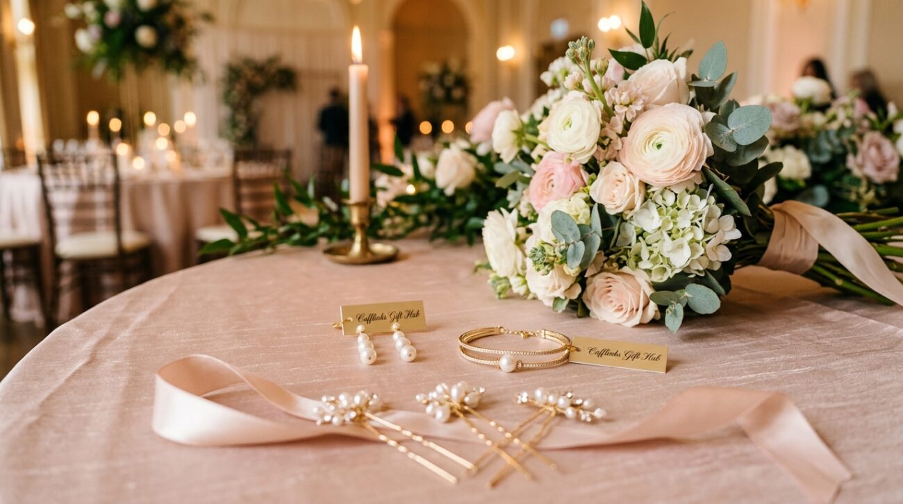 A beautifully arranged flat lay of elegant bridesmaid accessories, prominently featuring delicate pearl earrings, a chic bracelet, and an exquisite bouquet of pastel flowers. The foreground showcases a satin ribbon intertwined with sparkling hairpins, while soft, glowing candlelight adds warmth to the composition. In the middle, a subtle shimmer of a silk tablecloth reflects the romantic ambiance, enhancing the overall aesthetic. In the background, a blurred view of a wedding venue hints at an enchanting atmosphere. The image is shot with a 50mm lens, focusing on soft bokeh to create a dreamy effect. This scene evokes a sense of elegance and celebration, embodying the essence of joyful wedding preparations. The image prominently displays "Cufflinks Gift Hub" accessories, inviting brides to explore beauty in every detail.
