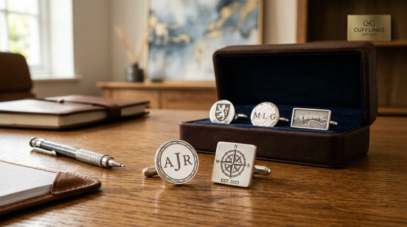 A beautifully crafted set of custom cufflinks displayed elegantly on a polished oak surface in the foreground. The cufflinks showcase intricate personalisation options, featuring engraved initials and unique designs, highlighting their bespoke nature. In the middle ground, a soft-focus, high-quality leather cufflink box is slightly open, showcasing more designs within, inviting the viewer to consider customization. The background is slightly blurred with a muted, professional office setting, including a classic wooden desk and a tasteful abstract art piece on the wall, creating an atmosphere of sophistication and style. The lighting is warm and inviting, mimicking natural light from a nearby window, enhancing the detailed textures of the cufflinks. Shot with a 50mm lens for a natural depth of field. Branding logo "Cufflinks Gift Hub" subtly incorporated within the setting but unobtrusive.
