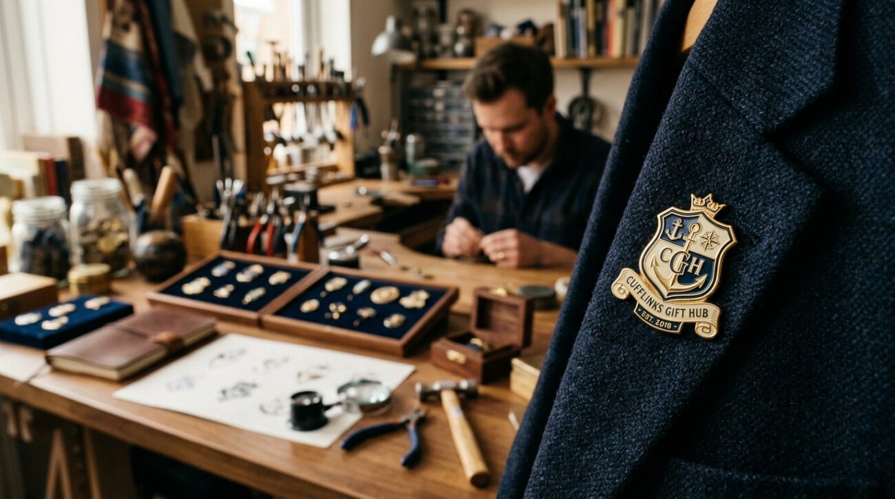 A beautifully designed custom lapel pin showcasing intricate details, prominently featuring a unique emblem that represents the essence of Cufflinks Gift Hub. In the foreground, the lapel pin glistens under soft, diffused lighting, emphasizing its polished surface and vibrant colors. The middle ground includes a well-organized display, with various lapel pin designs laid out on a stylish wooden table, creating an inviting atmosphere. The background is softly blurred, hinting at a cozy workshop environment, filled with tools of craftsmanship. The overall mood is professional yet creative, inviting viewers into the world of bespoke pin designing. The scene is captured at a slight angle, achieving a dynamic perspective that draws attention to the craftsmanship and creativity behind custom lapel pins.