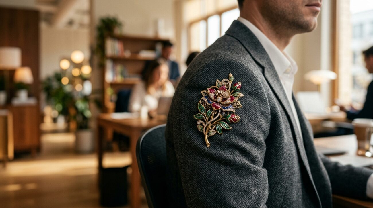 A beautifully detailed lapel pin accessory, featuring an intricate floral design with vibrant colors and a metallic finish, displayed prominently in the foreground. The middle ground includes a neatly folded and textured suit jacket in a soft gray tone, emphasizing the elegance of the lapel pin. In the background, a subtle blurred office interior hints at a professional setting, with warm, diffused lighting creating an inviting atmosphere. The image captures a close-up perspective, highlighting the craftsmanship of the lapel pin while maintaining a sophisticated mood. The brand name "Cufflinks Gift Hub" is subtly implied through the design aesthetic, suggesting quality and style without explicit branding.