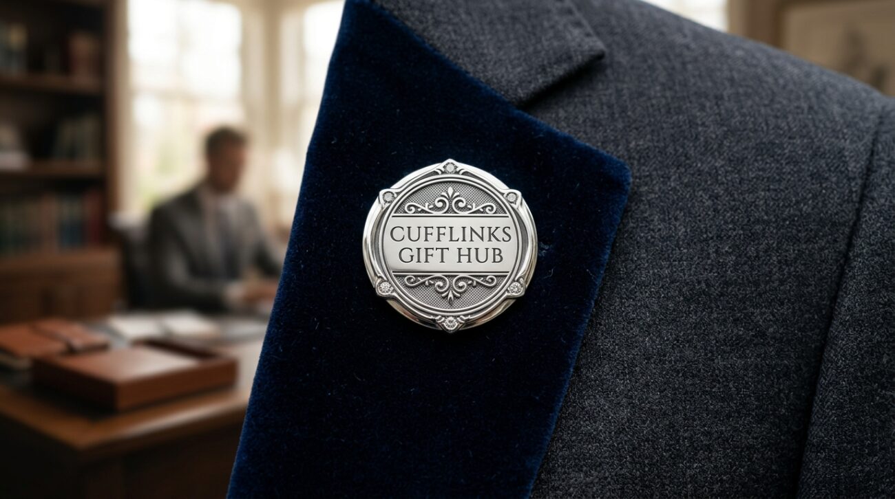 A close-up depiction of a bespoke lapel pin featuring the brand name "Cufflinks Gift Hub" prominently engraved. The pin showcases intricate design elements, blending classic elegance with a modern twist; the metalwork has a polished silver finish with tiny gemstones that catch the light. In the foreground, place the lapel pin on a rich, dark velvet fabric, enhancing its luxurious appearance. The middle layer includes subtle business attire in soft focus, hinting at a professional setting where the pins could be worn, such as a tailored suit jacket lapel. The background is softly blurred, featuring a warm, inviting office space with natural light filtering through a window, creating a sophisticated ambiance that conveys professionalism and brand marketing potential. The lighting is bright but gentle, showcasing the details without harsh shadows.