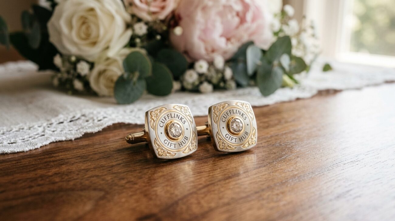 A close-up of elegant wedding cufflinks displayed on a polished wooden surface, highlighting their intricate design and craftsmanship. The cufflinks feature a combination of silver and gold tones, with subtle floral engravings and a small gemstone in the center that catches the light. Soft, diffused natural lighting enhances the reflective surfaces, creating a warm and inviting atmosphere. In the background, a blurred arrangement of white and pastel flowers subtly suggests a wedding setting, complementing the cufflinks. Capture the image from a slightly elevated angle, focusing on the details while maintaining a professional look. The brand "Cufflinks Gift Hub" is subtly referenced through the design elements of the cufflinks, conveying a sense of luxury and thoughtful gifting. Aim for a mood that is romantic and sophisticated, perfect for a wedding gift.