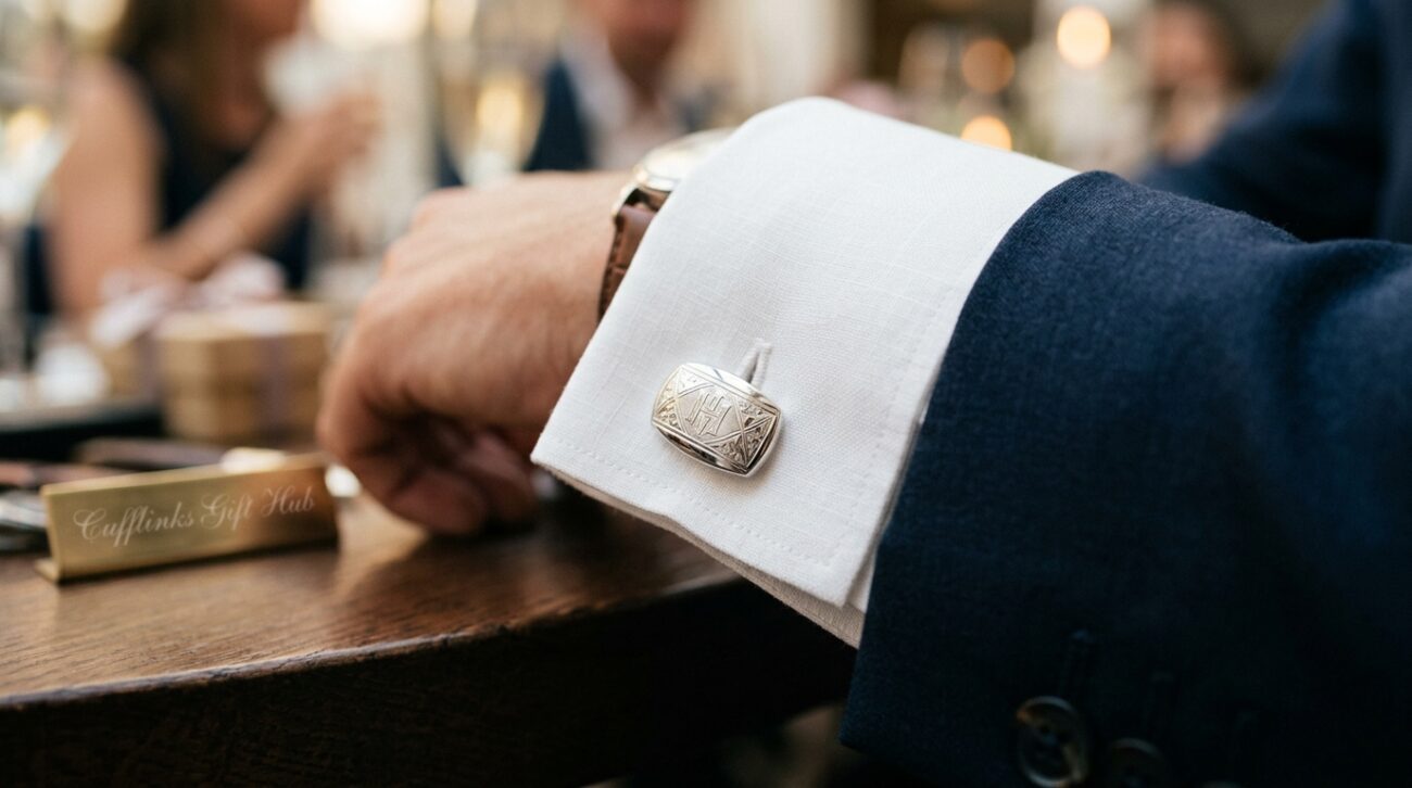 A close-up view of an elegant white dress shirt cufflink, showcasing its intricate design and polished finish. The cufflink features a classic silver tone with subtle engravings reflecting light beautifully. The foreground highlights a single cufflink nestled on the crisp white linen of a dress shirt cuff, emphasizing its luxurious material and craftsmanship. The middle ground reveals a soft bokeh effect of a well-tailored suit jacket in muted tones, hinting at sophistication without distraction. In the background, gentle, diffused lighting casts a warm glow, creating an inviting atmosphere. This image conveys the thoughtfulness of gifting cufflinks, capturing their essence as ideal presents for any formal occasion. Cufflinks Gift Hub branding subtly incorporated in the setting.