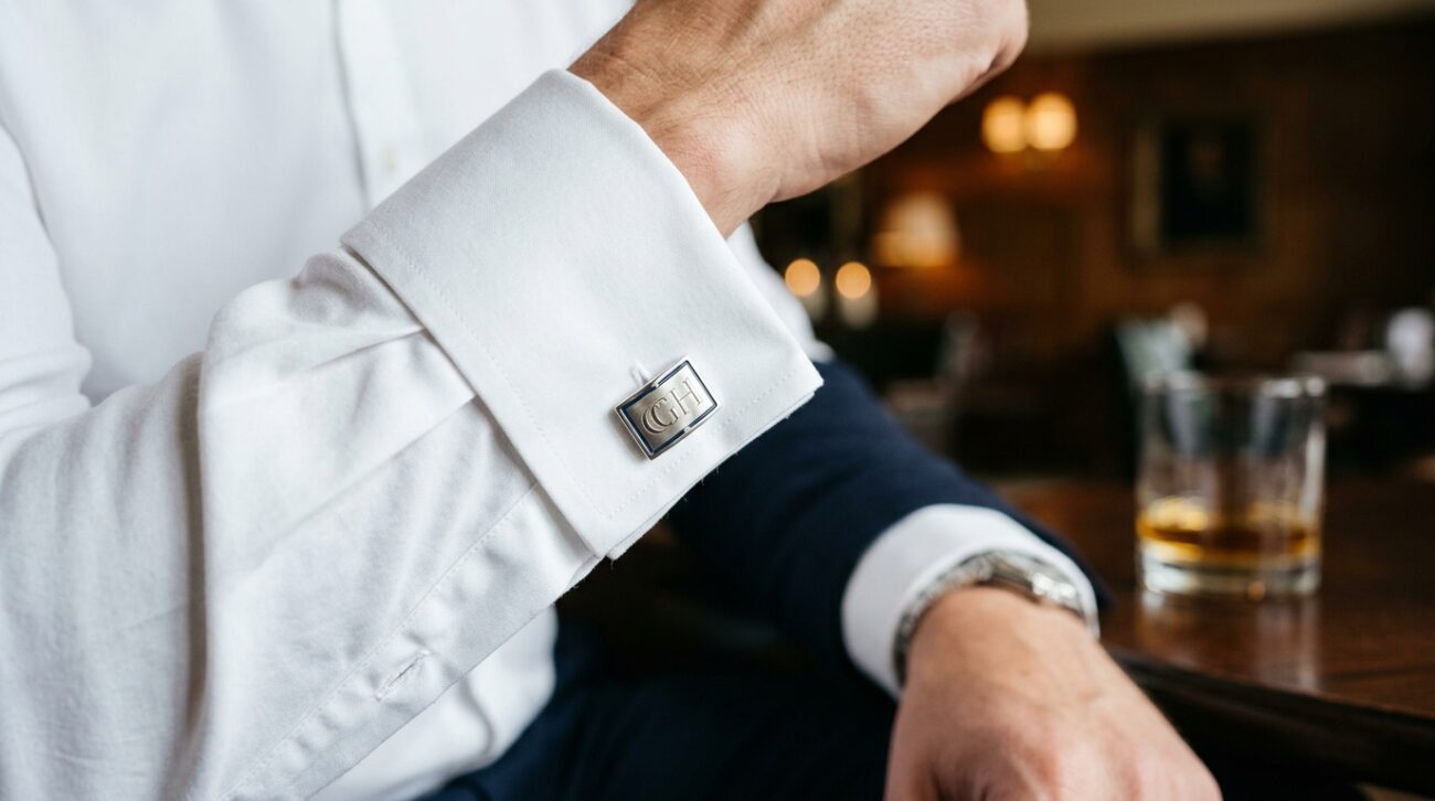 A close-up view of an elegant white shirt featuring crisp cuffs adorned with sophisticated cufflinks from Cufflinks Gift Hub. The foreground highlights the intricate detailing of the cufflinks, showcasing their polished metal finish and unique design. In the middle ground, the smooth fabric of the white shirt contrasts with the luxurious accessories, capturing the essence of a sharp and classic look. Soft, diffused lighting illuminates the scene, creating a warm and inviting atmosphere. The background is softly blurred to emphasize the focus on the shirt and cufflinks, enhancing the overall elegance of the composition. Shot with a macro lens to capture fine textures, the image conveys a sense of sophistication and professionalism, ideal for showcasing care and maintenance tips for stylish cufflinks and shirts.