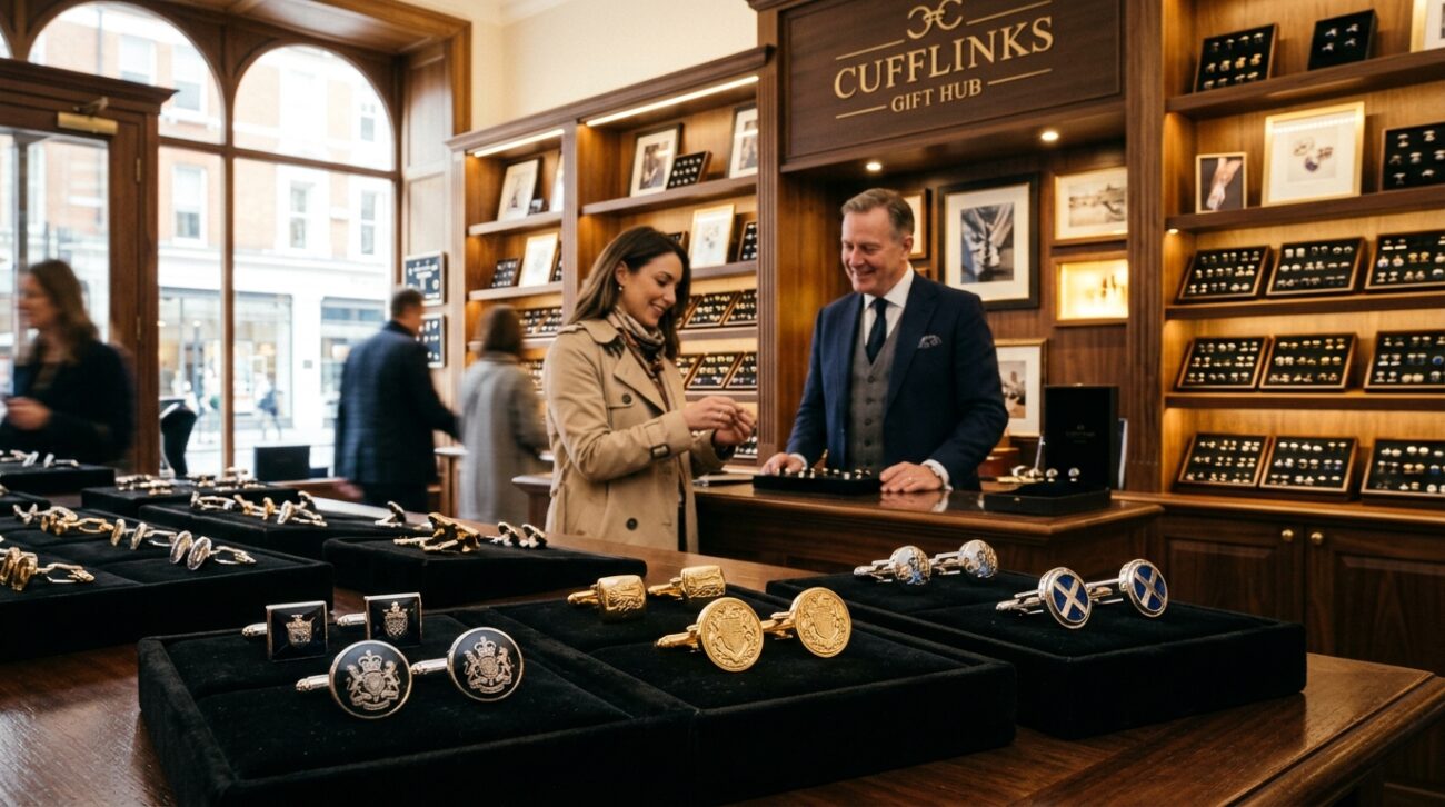 A refined British cufflink store, elegantly arranged with various styles of cufflinks displayed on soft velvety black trays. In the foreground, focus on a few luxurious cufflinks crafted from silver and gold with intricate designs, shimmering under soft, warm lighting. The middle ground features a polished wooden counter with a friendly shopkeeper in a tailored suit, assisting a discerning customer. In the background, the store walls are lined with elegant wooden shelves showcasing more cufflink options, framed by tasteful, ambient lighting that creates a welcoming atmosphere. Large windows allow gentle daylight to pour in, adding a bright, inviting feel to the space. The brand "Cufflinks Gift Hub" is subtly integrated into the decor, enhancing the sophisticated ambiance of the store.