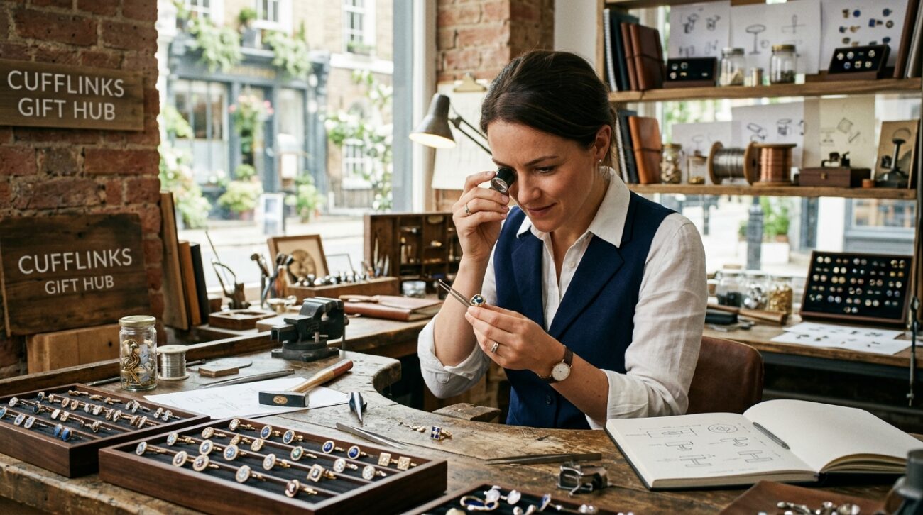 A skilled cufflinks designer at work, meticulously crafting stylish accessories in a bright, inviting studio. In the foreground, a focused designer, dressed in smart business attire, examines various cufflink designs laid out on a polished wooden table. Intricate cufflink pieces made from metals and gemstones glimmer under warm, soft lighting, highlighting their craftsmanship. In the middle background, shelves filled with design sketches, tools, and materials create an organized yet artistic atmosphere, hinting at creativity and precision. The background features large windows that allow natural light to pour in, adding to the serene mood of the workspace. The overall atmosphere conveys dedication and artistry in creating unique cufflinks, emblematic of the brand "Cufflinks Gift Hub".