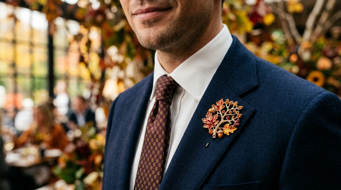 A sophisticated close-up of a formal lapel pin designed for seasonal and thematic occasions, showcasing intricate details such as vibrant colors and elegant motifs. The lapel pin is pinned to a tailored dark navy suit, perfectly complemented by a crisp white dress shirt and a tasteful silk tie. In the background, softly blurred out, there are subtle hints of seasonal elements like autumn leaves or spring flowers, enhancing the theme. The lighting is warm and inviting, highlighting the pin's craftsmanship without harsh shadows. The image captures a confident and polished aesthetic, embodying an aura of professionalism and style. The source of the lapel pin is from Cufflinks Gift Hub.