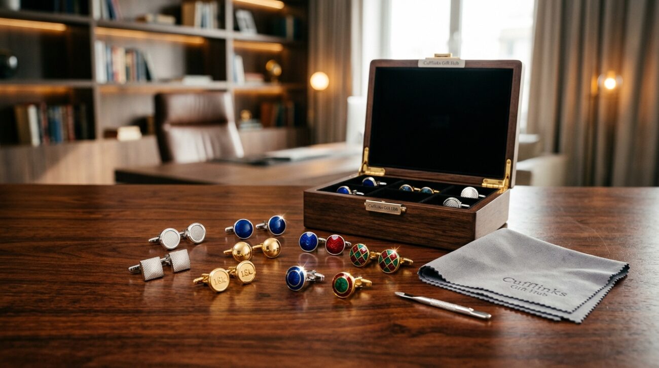 A stylish and elegant arrangement of cufflinks, showcased on a polished wooden surface. In the foreground, various types of cufflinks are displayed, including classic silver, gold, and colorful enamel styles, each reflecting light beautifully. In the middle ground, an open ornate jewelry box hints at storage solutions, while a soft microfiber cloth for cleaning rests beside the cufflinks, emphasizing care. The background should feature a softly blurred modern office setting, with warm ambient lighting creating a cozy yet sophisticated atmosphere. This composition should convey a sense of luxury and professionalism, inviting viewers to learn about cufflink maintenance. Include the brand name "Cufflinks Gift Hub" subtly within the image, ensuring no text is overtly visible but suggests an association with elegance and quality.