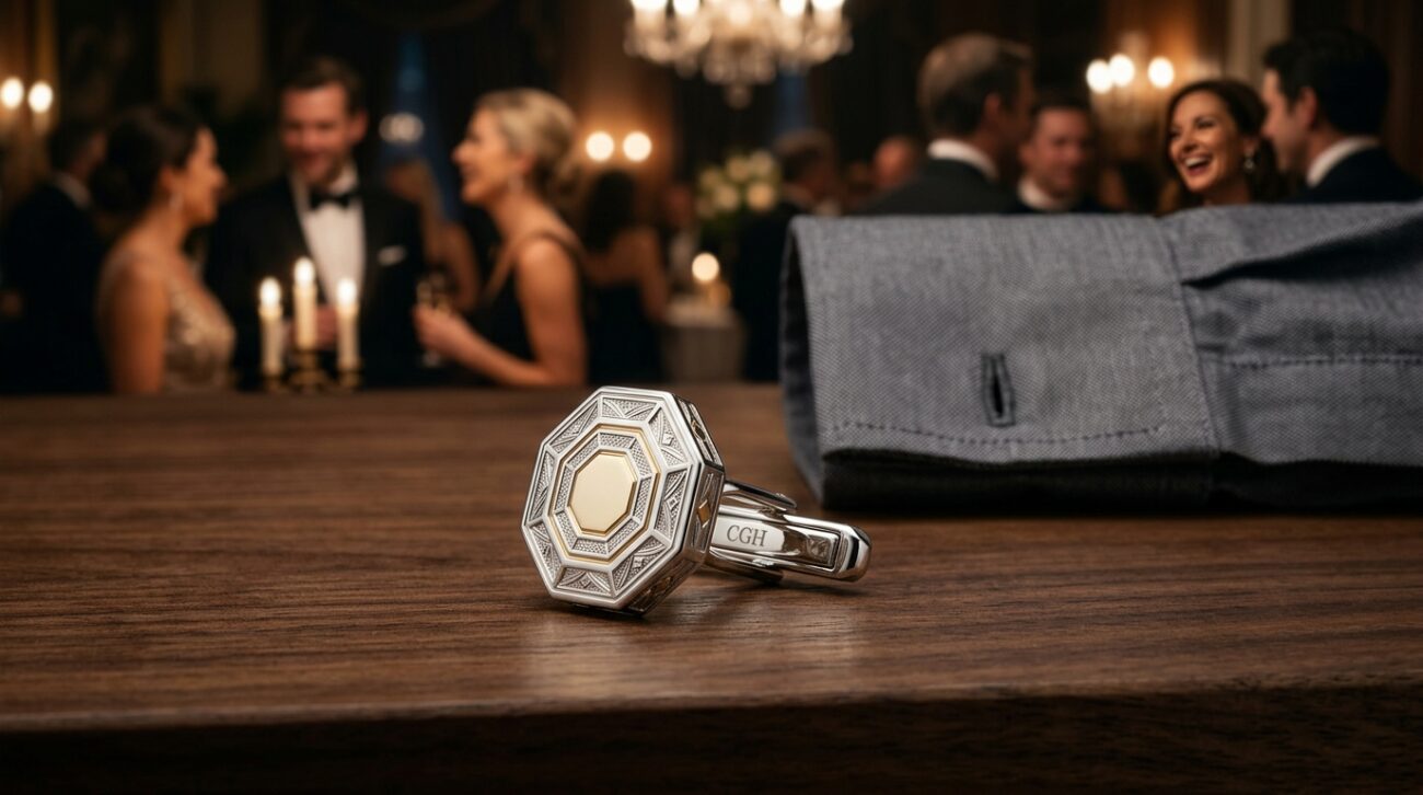 A stylish cufflink design prominently displayed in the foreground, featuring intricate details and a luxurious finish—incorporate a modern geometric shape with polished silver and hints of gold accents. The cufflink should be placed on an elegant dark wood surface, enhancing its sophistication. In the middle ground, a blurred view of a finely tailored dress shirt, conveying an upscale, professional look, adds context to the cufflink's usage. The background features soft, ambient lighting to create a warm and inviting atmosphere while maintaining a focus on the cufflink. A subtle bokeh effect hints at a lavish event setting. The image must evoke a sense of luxury and style, embodying the essence of high-end cufflink designers like "Cufflinks Gift Hub."