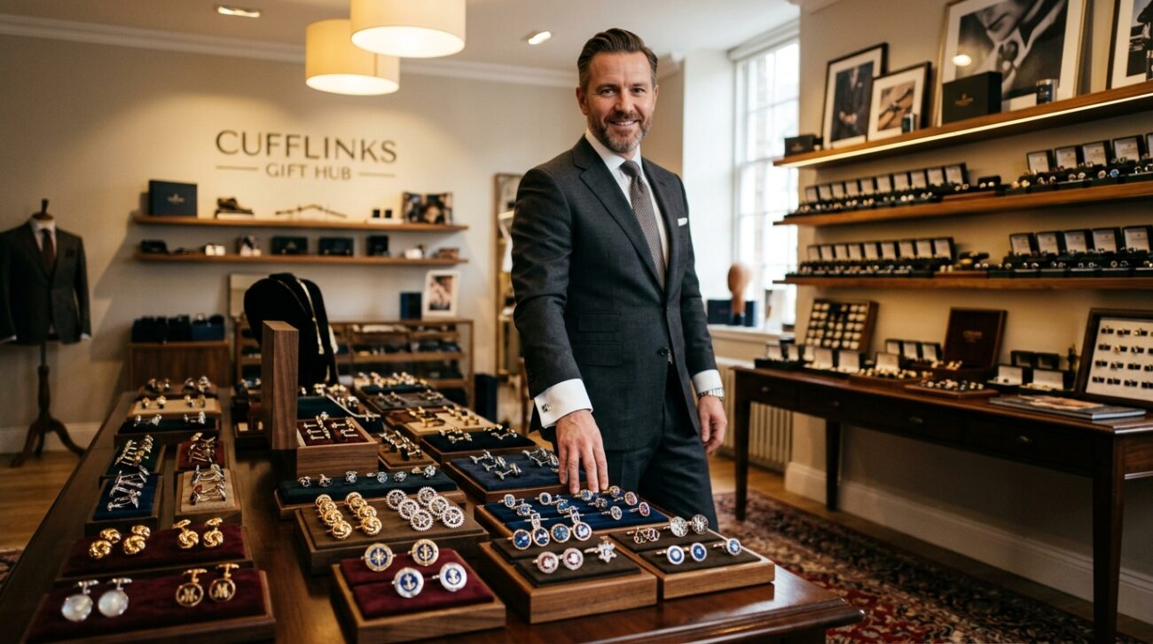 A stylish man in a tailored suit, standing confidently in a well-lit upscale clothing boutique, showcasing an array of elegant cufflinks displayed around him. In the foreground, he features meticulously chosen cufflinks reflecting luxury, such as silver and gold designs with intricate details. The middle ground emphasizes a selection of different cufflink styles on a polished wooden table, including classic, modern, and themed options. The background displays tasteful wall art and well-organized shelves lined with cufflink boxes. Soft lighting highlights the man's professional attire, creating a warm and inviting atmosphere. Capture the scene with a slight depth of field, focusing on the cufflinks while keeping the man slightly blurred, enhancing the theme of "Cufflinks Gift Hub".