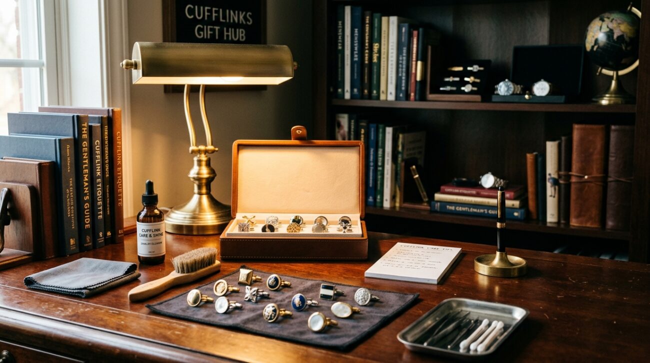 A stylish workspace dedicated to "Cufflinks Gift Hub" showcasing cufflink maintenance and care tools. In the foreground, an elegant wooden desk with a polished surface displays various cufflinks arranged neatly, a soft brush for cleaning, a bottle of specialized jewelry cleaner, and a microfiber cloth. In the middle, an open cufflink box reveals additional cufflinks shining under direct soft lighting, highlighting their intricate designs and materials. The background features a blurred shelf lined with stylish accessories and carebooks, enhancing the focus on the cufflinks. The atmosphere is refined and sophisticated, evoking a sense of luxury and meticulous care, perfect for a gentleman's grooming space. The lighting is warm and inviting, creating an overall mood of elegance and professionalism.