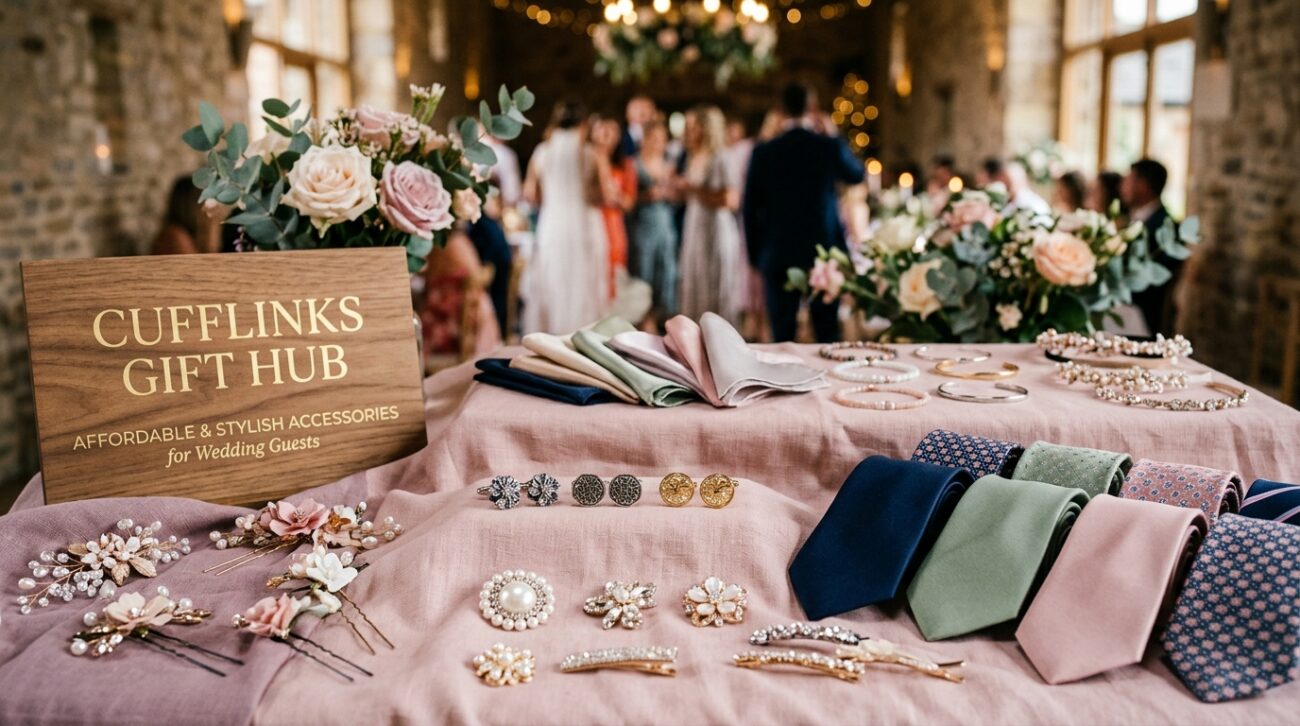 Affordable wedding guest accessories displayed elegantly on a soft, pastel-hued fabric backdrop. In the foreground, a variety of stylish yet budget-friendly items such as intricately designed cufflinks, colorful silk ties, elegant brooches, and tasteful hair accessories arranged artistically. The middle section features a sophisticated set of pocket squares and minimalist bracelets subtly shining under warm, diffused lighting. In the background, a blurred setting of a wedding venue with soft floral arrangements adds a romantic touch without overpowering the accessories. The overall mood is joyful and inviting, perfect for a celebration. Capture this scene with a shallow depth of field to emphasize the details of the accessories while maintaining a soft focus on the venue. Include a brand showcase of "Cufflinks Gift Hub" with an emphasis on affordability and style.