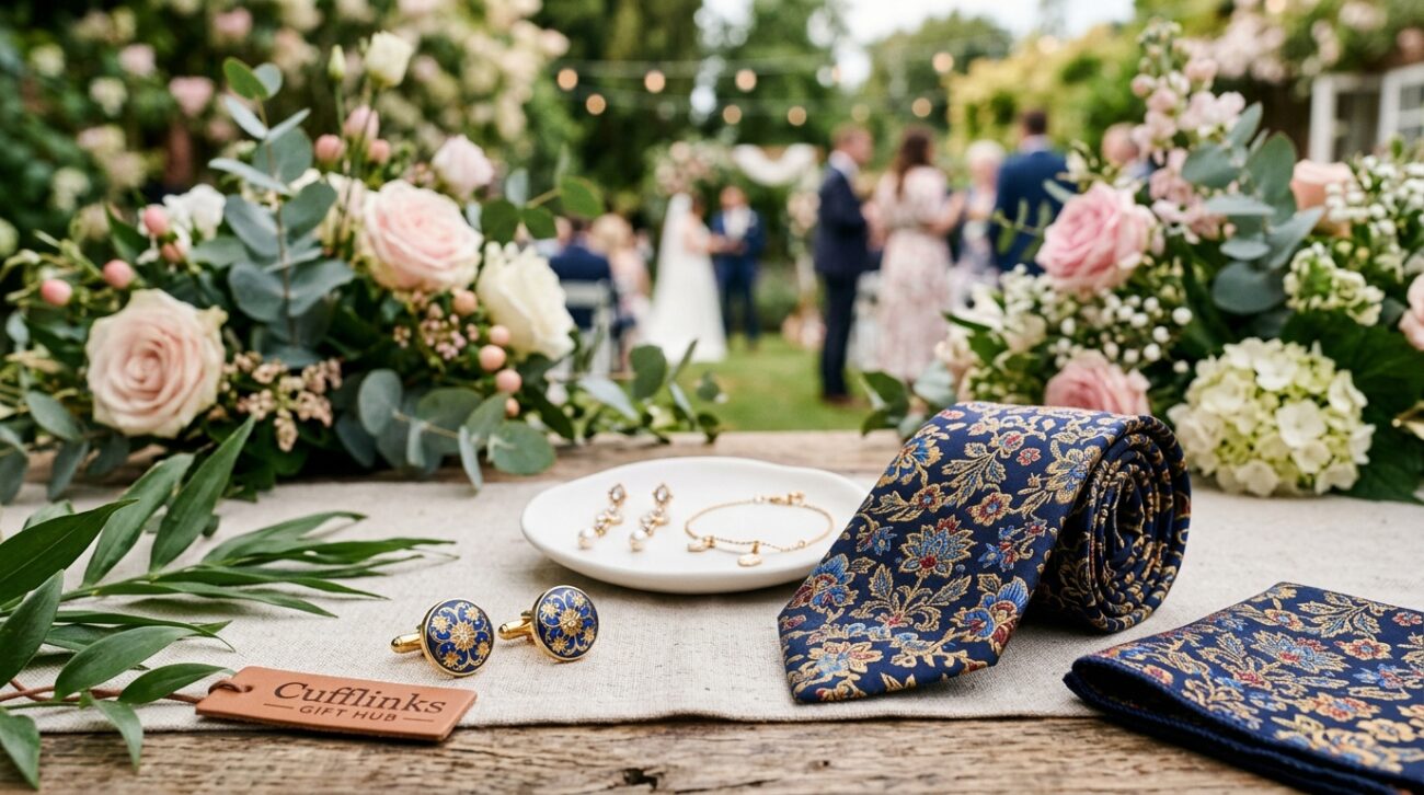 An elegant display of wedding guest outfit accessories, showcasing a variety of culturally inspired items. In the foreground, a beautifully arranged set of cufflinks, a vibrant silk tie, and a stylish pocket square from "Cufflinks Gift Hub," each piece reflecting intricate patterns and colors. The middle ground features a chic pair of understated earrings and a classic bracelet, symbolizing refinement and grace. The background is softly blurred, suggesting an outdoor garden wedding setting with delicate floral decorations and ambient lighting, creating a warm and inviting atmosphere. The image captures a sense of sophistication and cultural diversity, perfect for a stylish celebration. Soft diffused lighting highlights the textures and details, while a shallow depth of field focuses on the accessories.