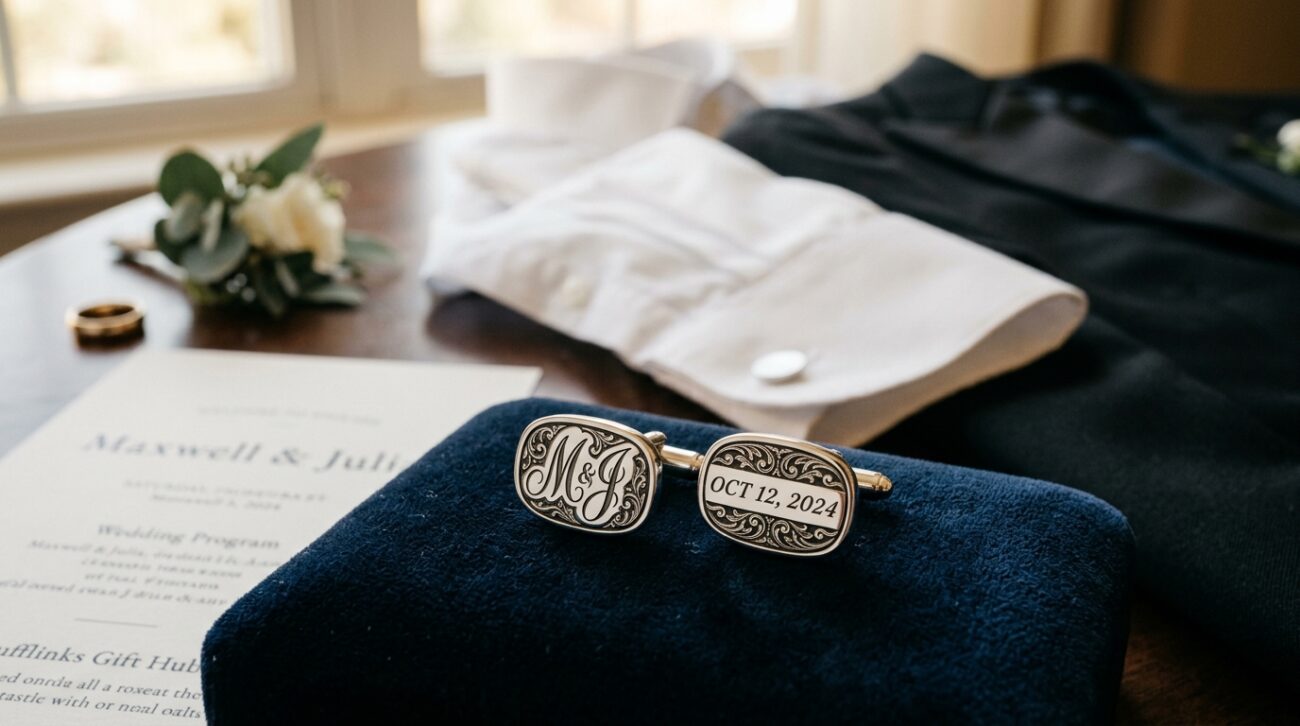 Elegant custom wedding cufflinks designed with intricate patterns and personal monograms, showcasing craftsmanship and attention to detail. In the foreground, a pair of cufflinks sits on a plush velvet surface, reflecting soft golden light that highlights their polished finish. Surrounding them, a tasteful arrangement of wedding-themed elements such as a tailored white shirt and classic black suit jacket subtly blurred in the background to draw the focus to the cufflinks. The atmosphere conveys sophistication and romance, invoking the essence of a special wedding day. The image captures a warm and inviting ambiance, emphasizing the cufflinks as a heartfelt personalized gift for grooms from “Cufflinks Gift Hub.”