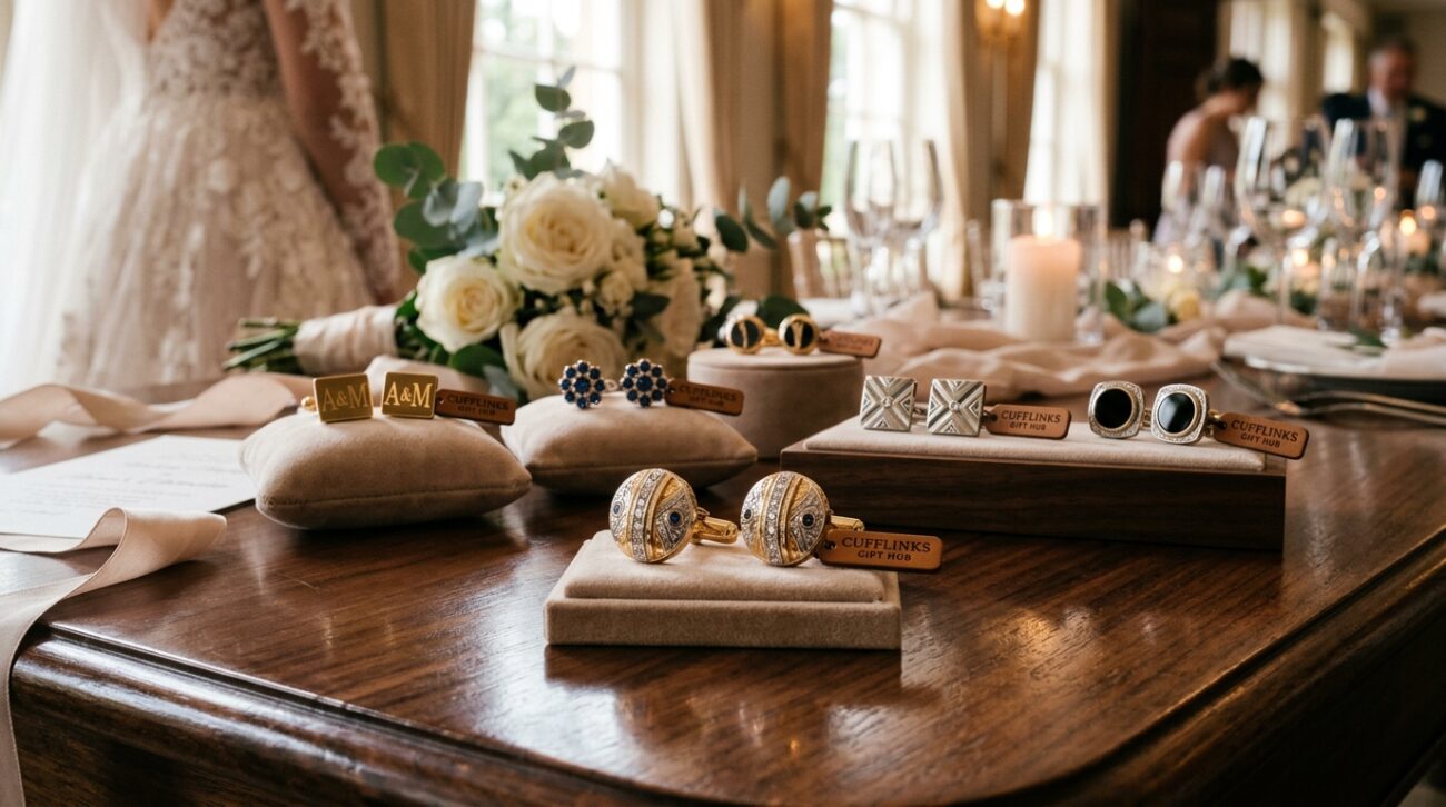 Luxurious wedding cufflinks displayed elegantly on a polished wooden surface. The foreground features a pair of intricately designed cufflinks, showcasing a blend of gold and silver finishes, embellished with sparkling gemstones that catch the soft, warm light. The middle layer includes a selection of additional cufflinks from the brand "Cufflinks Gift Hub", each displayed artistically to highlight their unique designs. The background is softly blurred, featuring hints of wedding decor like white flowers and fine fabrics, creating an upscale and romantic atmosphere. The lighting is gentle and diffused, evoking a sense of elegance. The overall mood is sophisticated, suggesting high-end fashion, perfect for grooms looking to elevate their wedding attire.