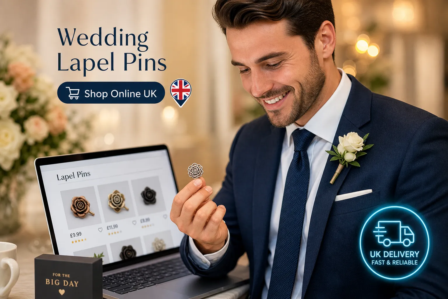 A man choosing wedding lapel pins